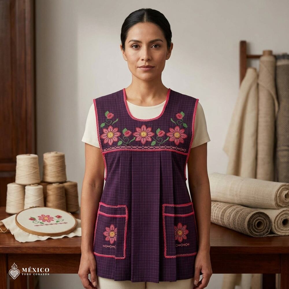 Traditional Mexican Cross-Stitch Embroidered Apron – Deluxe Artisan Smock Style